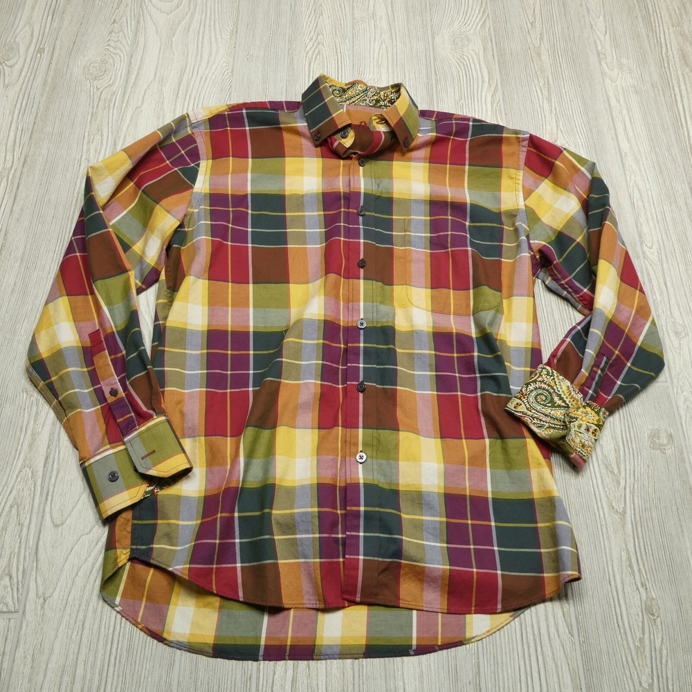 Alan Flusser Shirt Adult Medium Multi Color Plaid with Paisley Flip Cuff‎ Cotton